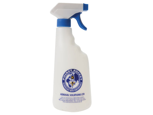 White spray bottle with blue nozzle and label on a white background