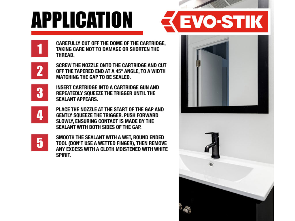 Evo-Stik application guide with a bathroom setting