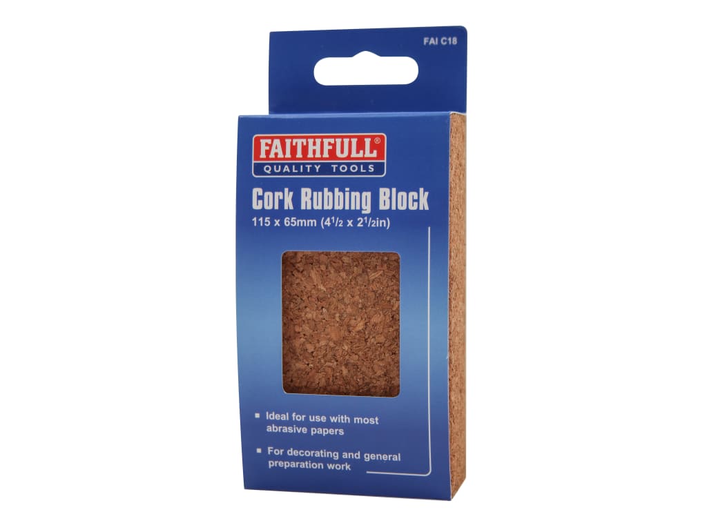 Cork rubbing block in packaging with Faithfull branding on a white background