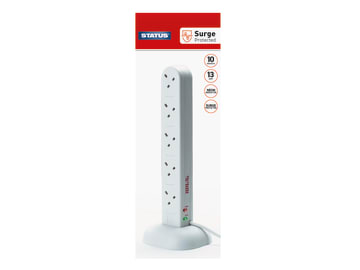Surge Protected Tower Multi Plug Extension 240V 10-Gang 13A White 2m