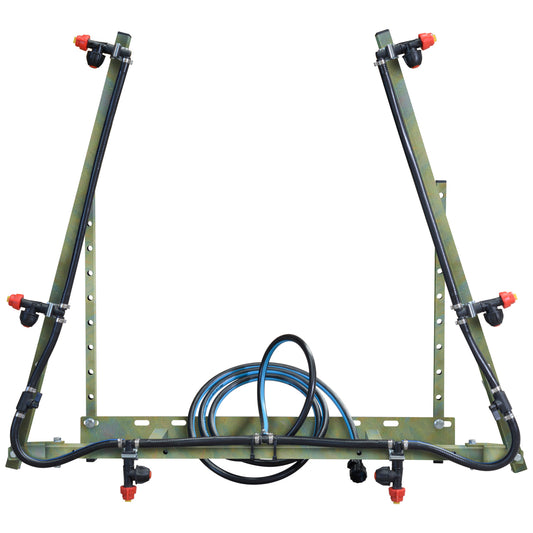 A metal garden sprinkler system with two angled black spray nozzles on the top, a coiled black hose in the center, and four red-capped nozzles on the bottom, all mounted on an olive green metal frame against a white background.
