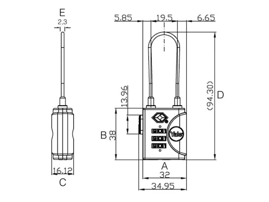 Technical drawing of a combination lock with dimensions labeled