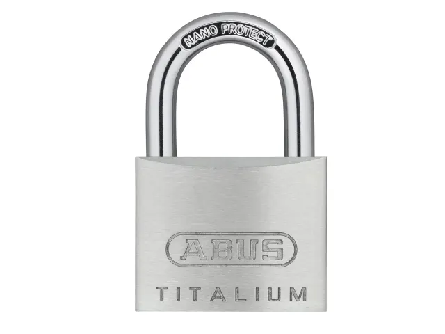 Metallic padlock with 'ABUS' branding on a white background