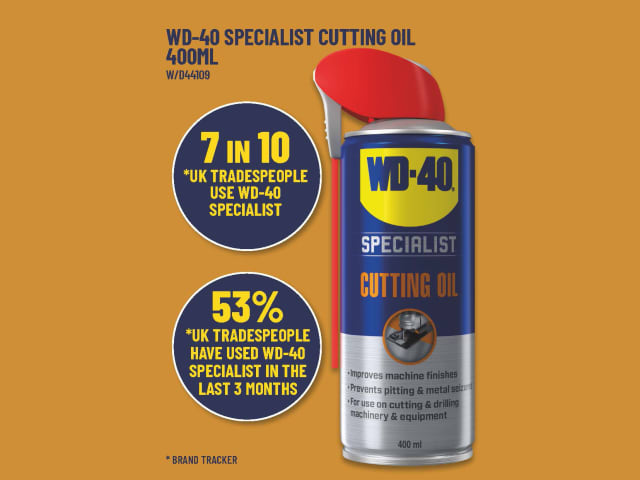 WD-40 Specialist Cutting Oil can with promotional text on a yellow background