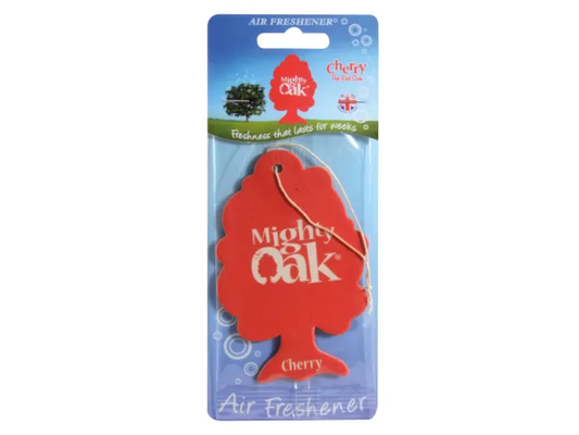 Red 'Mighty Oak' air freshener with blue packaging on a white background