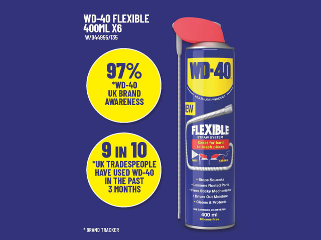 WD-40 Flexible spray can with branding and product details on a blue background
