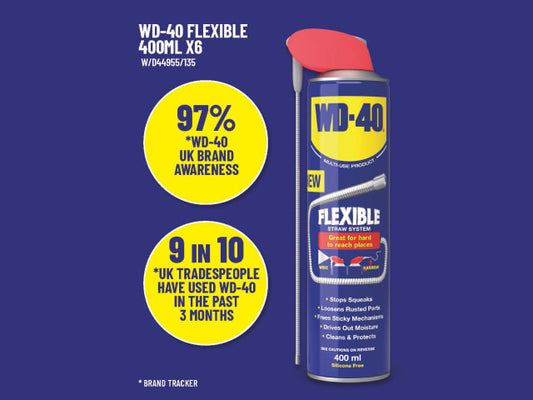 WD-40 Flexible spray can with branding and product details on a blue background