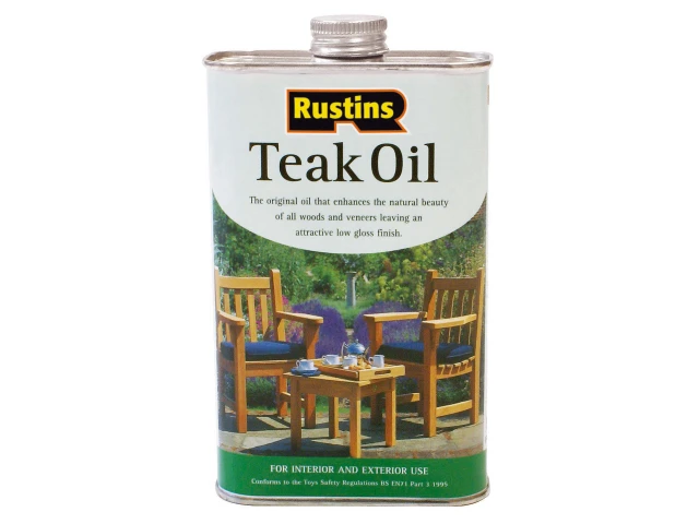 Can of Rustins Teak Oil with outdoor furniture on a white background