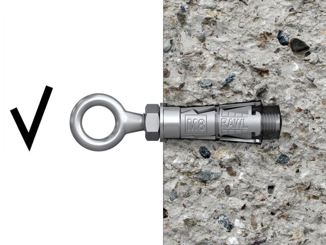Metal eye bolt on a white background with a textured gray surface below.