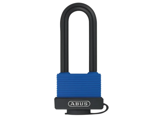 Blue padlock with black shackle on a white background