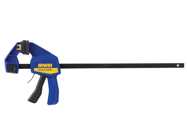 Blue and yellow IRWIN clamps on a white background