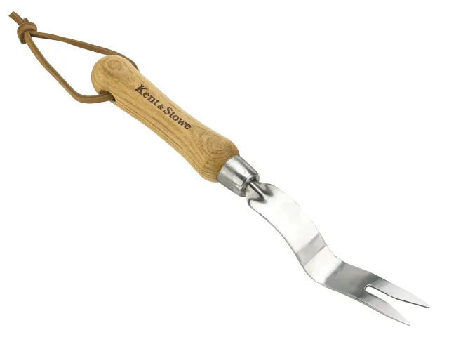 Garden tool with wooden handle and metal prongs on a white background