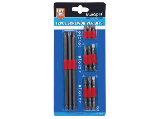 Pack of 12 screwdriver bits with BlueSpot branding on a white background