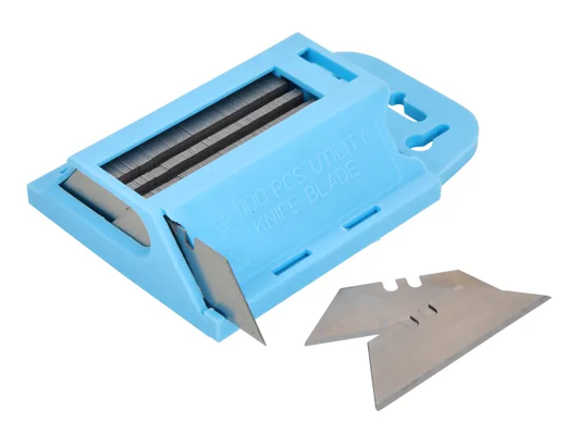 Blue plastic blade sharpener with two metal blades on a white background