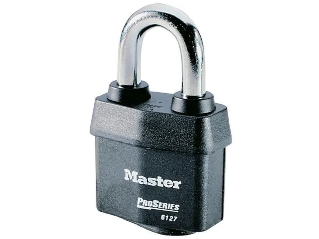 Black padlock with silver shackle on a white background, featuring the Master Lock logo.