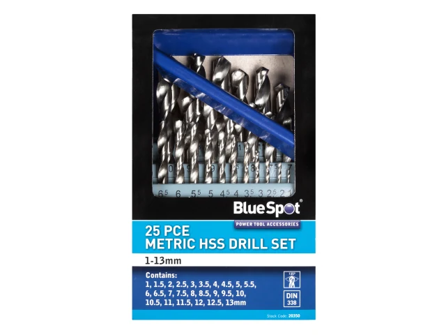 BlueSpot 25-piece metric HSS drill bit set packaging on a white background