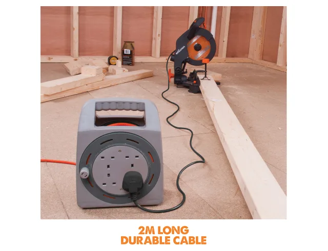 Power extension socket with 2m long durable cable in a workshop setting