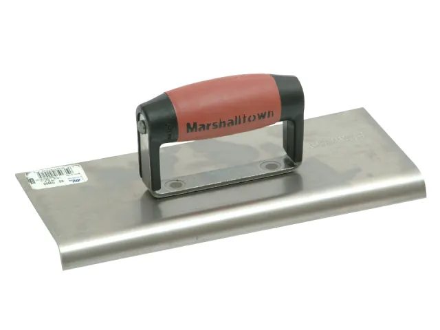 Metal trowel with red handle and 'Marshalltown' branding on a white background