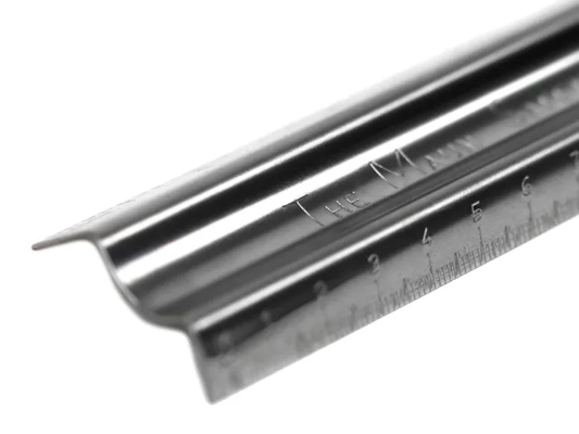 Metal edge trim with measurement markings on a white background