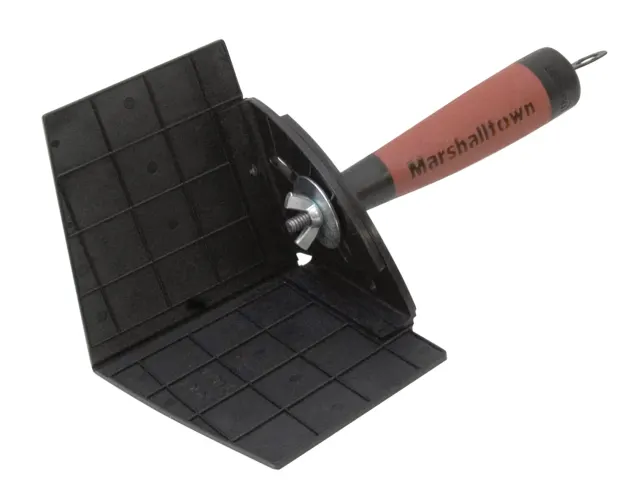 Black square tool with a red handle labeled 'Marshalltown' on a white background