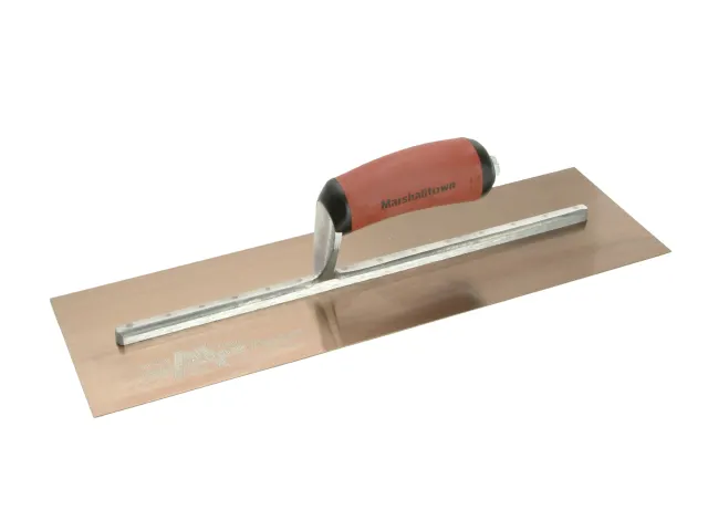 Plastering tool with wooden handle and metal blade on a white background