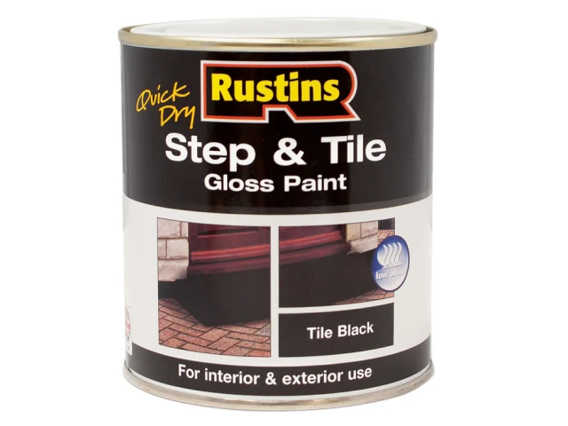 Can of Rustins Step & Tile Gloss Paint in Tile Black on a white background