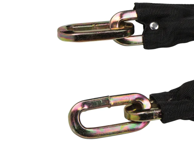 Two metal hooks attached to black straps on a white background