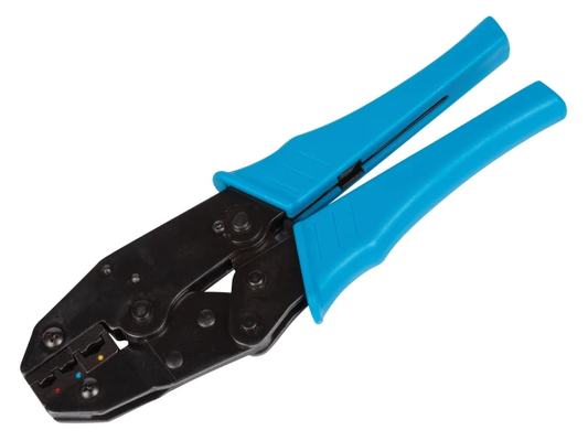 Cable crimping tool with blue handles on a white background