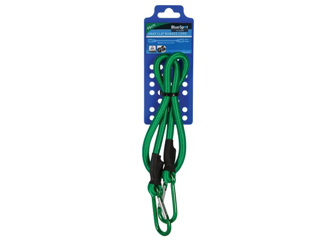 Green dog leash with carabiner on a blue and white packaging background