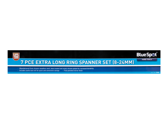 Blue Spot 7-piece extra long ring spanner set packaging on a white background