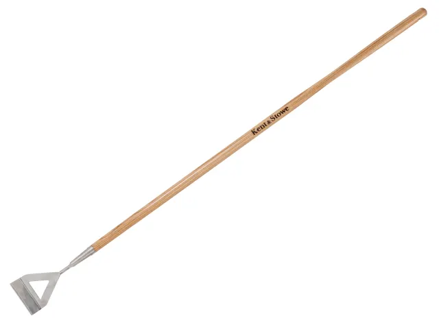 Gardening tool with wooden handle and metal head on a white background