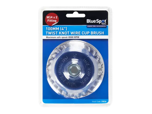 Blue Spot Twist Knot Wire Cup Brush packaging on a white background