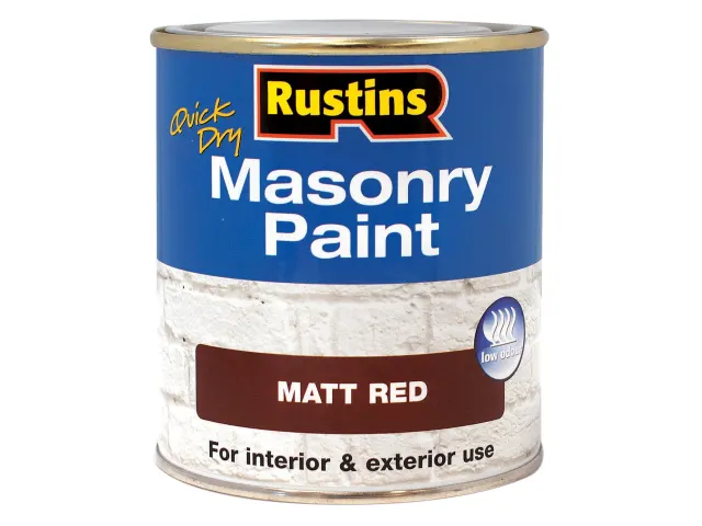 Can of Rustins masonry paint in matt red on a white background
