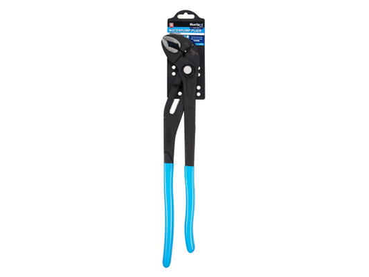 Pliers with blue handles in packaging on a white background
