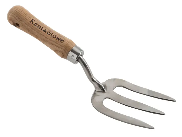 Gardening tool with wooden handle and metal prongs on a white background