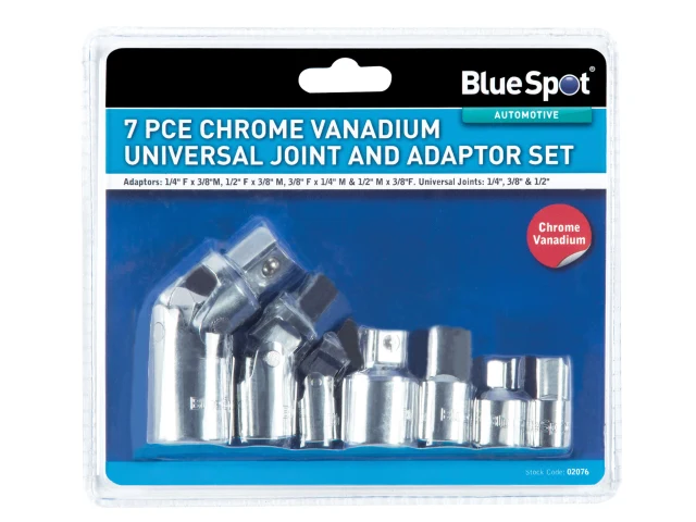 BlueSpot 7-piece chrome vanadium universal joint and adaptor set packaging on a white background