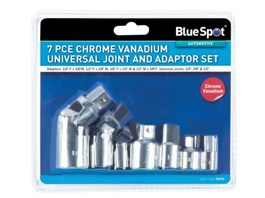 BlueSpot 7-piece chrome vanadium universal joint and adaptor set packaging on a white background