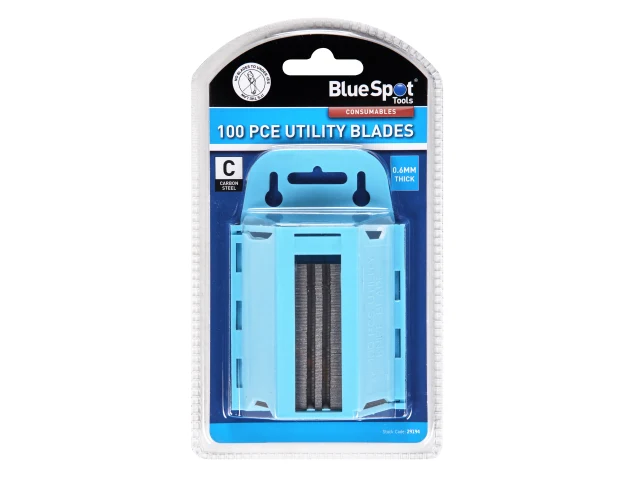 BlueSpot Tools 100 piece utility blades packaging on a white background