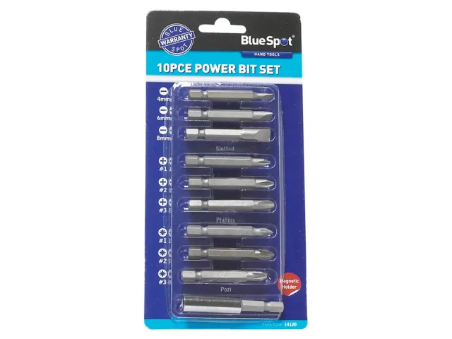 10-piece power bit set in BlueSpot packaging on a white background