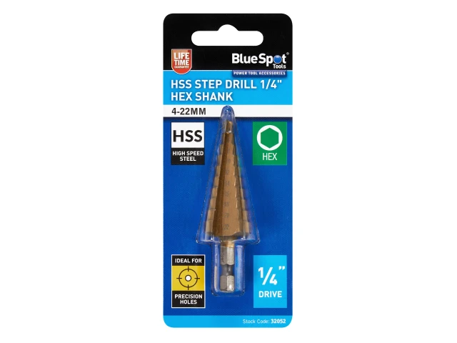 BlueSpot Tools HSS step drill bit packaging on a white background