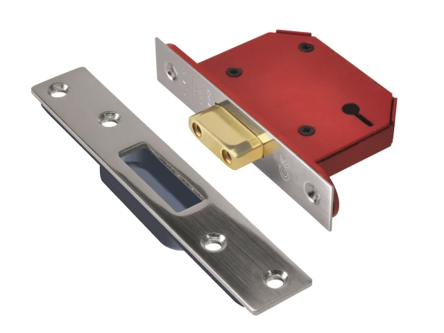 Door lock mechanism with red and gold components on a white background