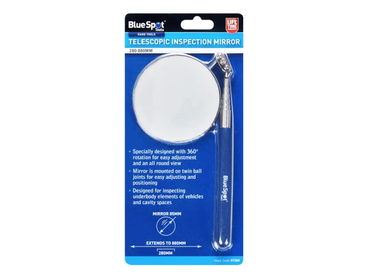 Telescopic inspection mirror with BlueSpot branding on packaging