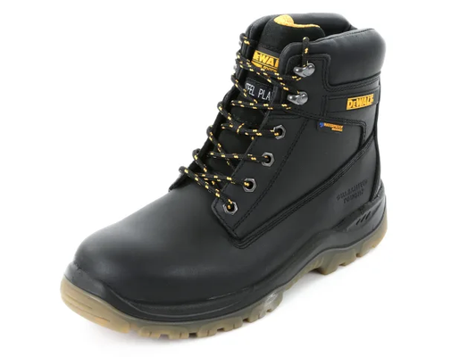 Black work boot with yellow accents on a white background
