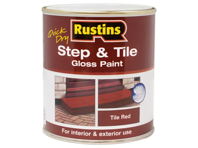 Can of Rustins Step & Tile Gloss Paint in Tile Red on a white background