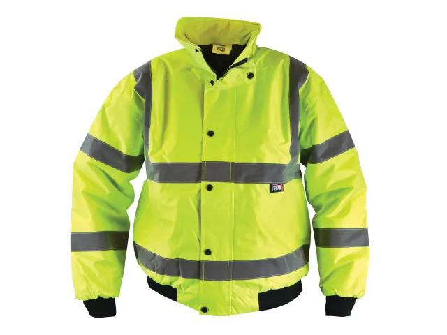 High-visibility jacket with reflective stripes on a white background