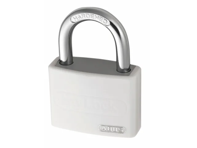 White padlock with silver shackle on a white background