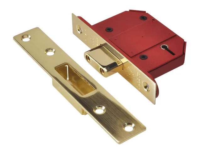 Gold and red door lock mechanism on a white background