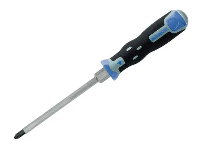 Screwdriver with black and blue handle on a white background