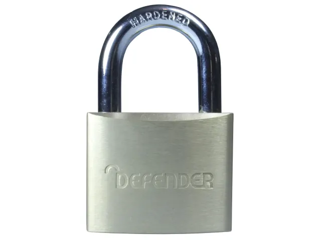 Metal padlock with 'Defender' branding on a white background