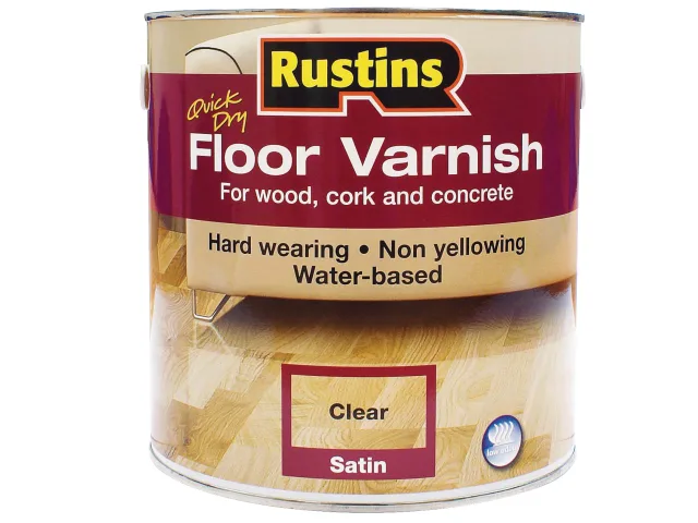 Can of Rustins floor varnish with wooden floor background
